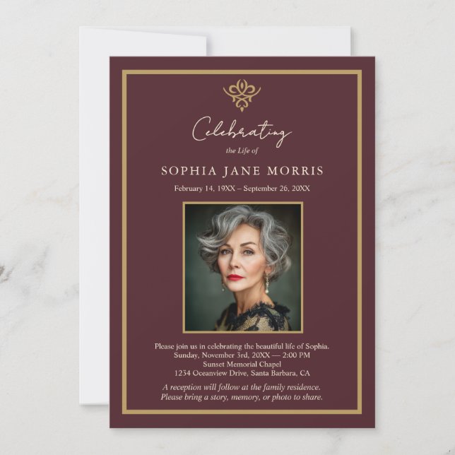 Invitación Personalized Old Money Burgundy Funeral Invitation (Anverso)