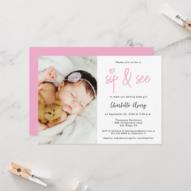 Invitación Personalized Photo Sip and See Baby Girl Shower (Anverso/Reverso In Situ)