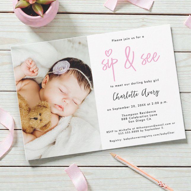 Invitación Personalized Photo Sip and See Baby Girl Shower (Sip and see custom baby girl minimalist design with photo.)