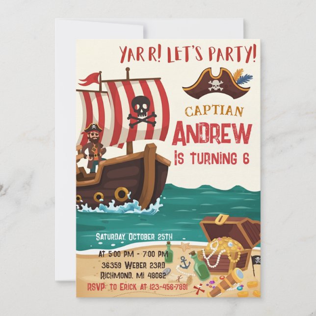 Invitación Personalized Pirate Birthday Party Invitation Card (Anverso)