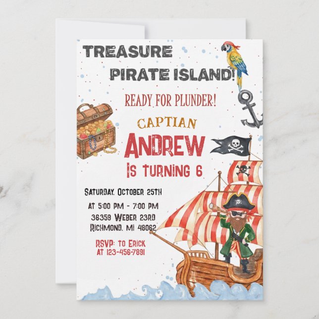 Invitación Personalized Pirate Birthday Party Invitation Card (Anverso)