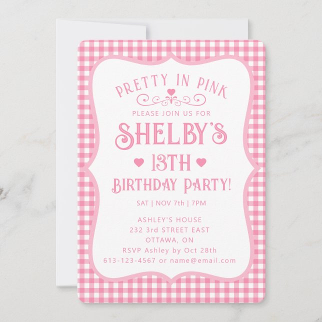 Invitación Personalized Pretty Pink Plaid 13th Birthday  (Anverso)