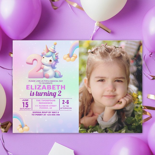 Invitación Personalized Unicorn 2nd Birthday Photo Invitation (Subido por el creador)