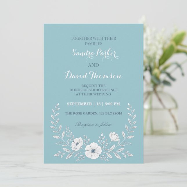 Invitación perwinkle de flor silvestre azul elegante boda boh (Anverso de pie)