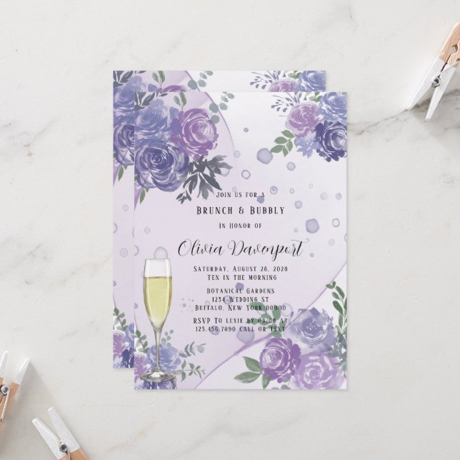Invitación Perwinkle Purple Peony Brunch & Bubbly (Anverso/Reverso In Situ)