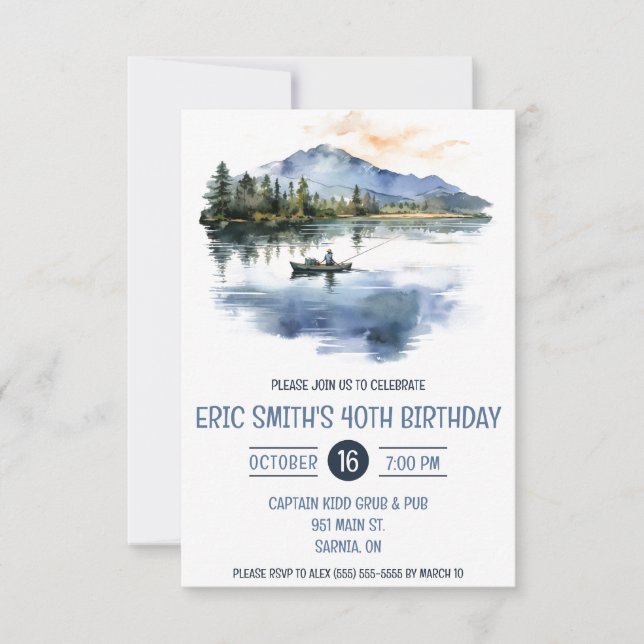 Invitación Pesca con acuarela, montañas, fiesta de cumpleaños (Anverso)