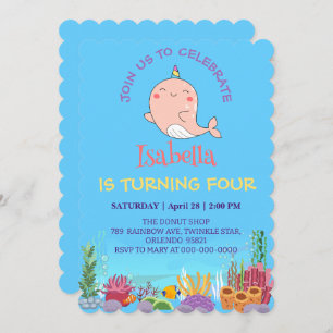 Invitación Pesca de Narwhal Unicornio Arcoiris nombre de cump