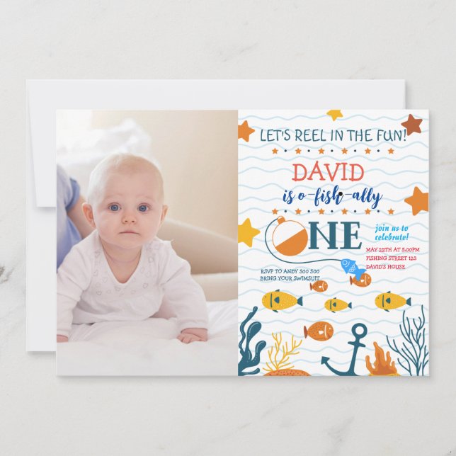 Invitación Pesca Foto del niño de cumpleaños O-fish (Anverso)