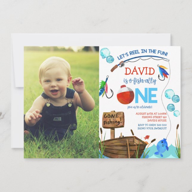 Invitación Pesca Foto del niño de cumpleaños O-fish (Anverso)