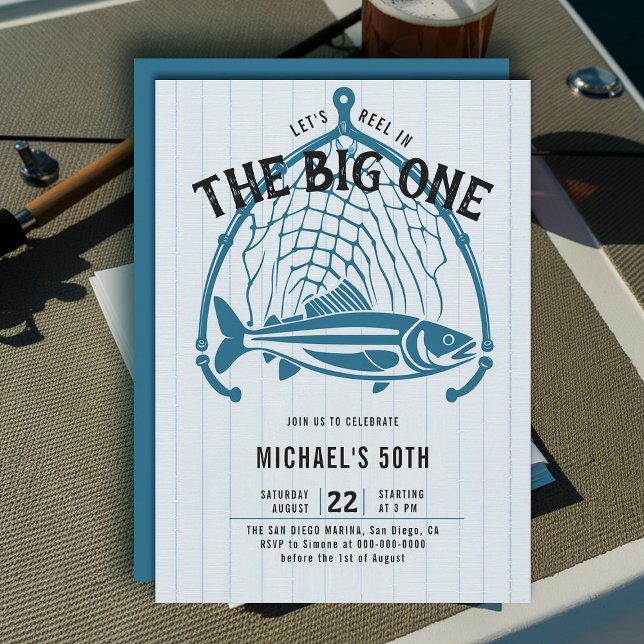 Invitación Pesca Neto de Pescado Azul Casual Hombres 50 cumpl (fishing 50th birthday invitation men big one fish reel net elegant modern simple classy)