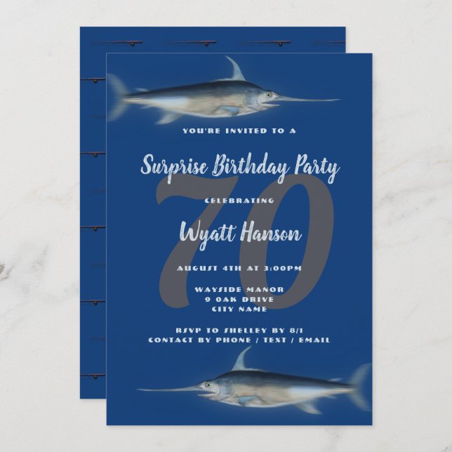 Invitación Pesca Temática Edad Gran Número Cumpleaños Azul (Anverso / Reverso)