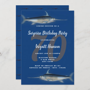 Invitación Pesca Temática Edad Gran Número Cumpleaños Azul