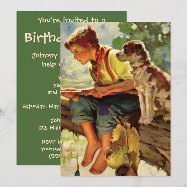 Invitación Pesca vintage, niño con su pipa y gusanos (Anverso / Reverso)