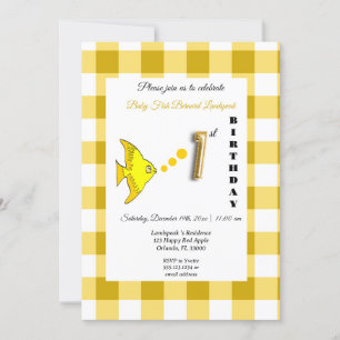 Invitación Pescado amarillo y globo de oro de Gingham primer 