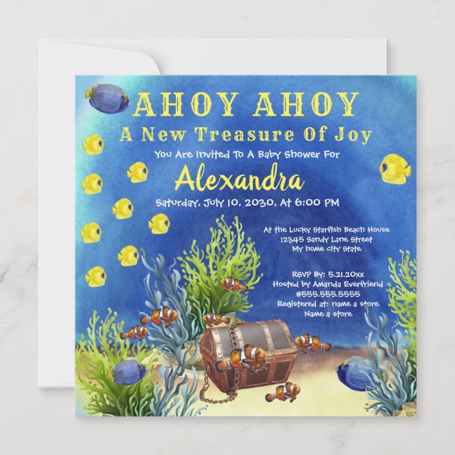 Invitación Pescado bajo el mar, cofre del tesoro Ducha bebé (Anverso)