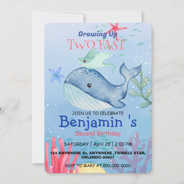 Invitación Pescado de ballena crudo de arcoiris 2º cumpleaños (Anverso)
