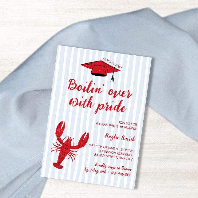 Invitación Pescado de langosta hierve ligero azul y rojo Fies (Crawfish Boil Light Blue & Red Doodle Grad Party Invitation)