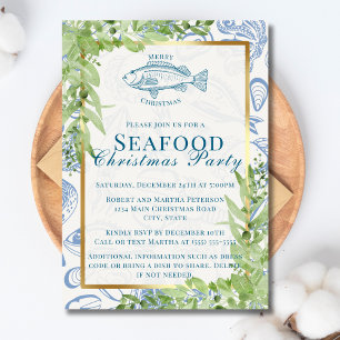 Invitación Pescado de Mariscos Azul Blanco Moderno Fiesta de 
