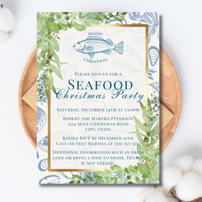 Invitación Pescado de Mariscos Azul Blanco Moderno Fiesta de  (Subido por el creador)