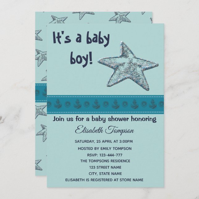 Invitación Pescado estelar de menta y anclas niño ducha de be (Anverso / Reverso)