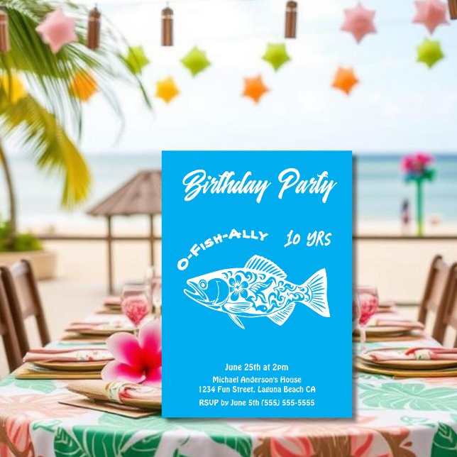 Invitación Pescado hawaiano aliado del partido de los cumplea (Aloha Trout Fisherman Trend Hawaiian Fish Beach Summer Pool Birthday Party invitation light blue)