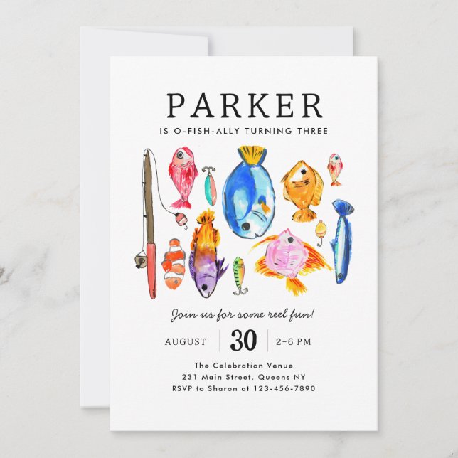 Invitación Pescado moderno O-Fish-al Reel Fun Pescado Cumplea (Anverso)