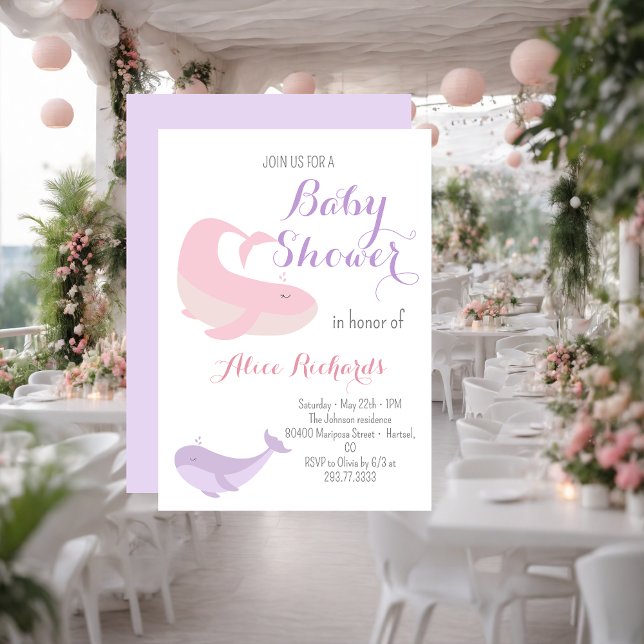 Invitación Pescado rosa Lilac Whale Pastel Océano Baby Shower (Subido por el creador)