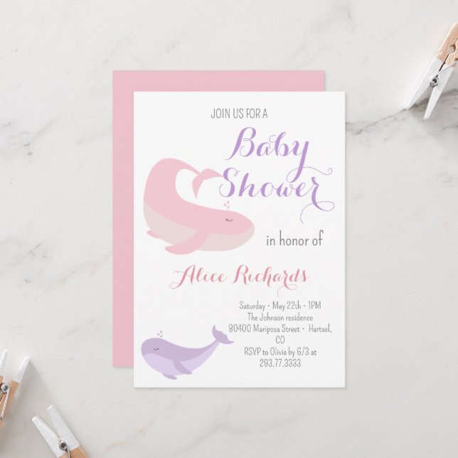 Invitación Pescado rosa Lilac Whale Pastel Océano Baby Shower