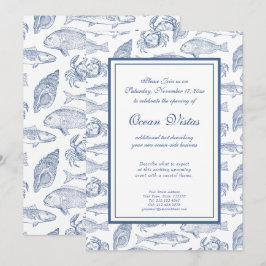 Invitación Pescado y Cangrejo Azul y Blanco Evento Costero El