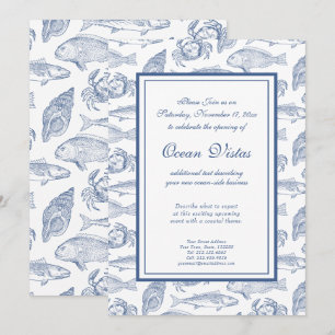 Invitación Pescado y Cangrejo Azul y Blanco Evento Costero El