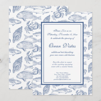 Invitación Pescado y Cangrejo Azul y Blanco Evento Costero El