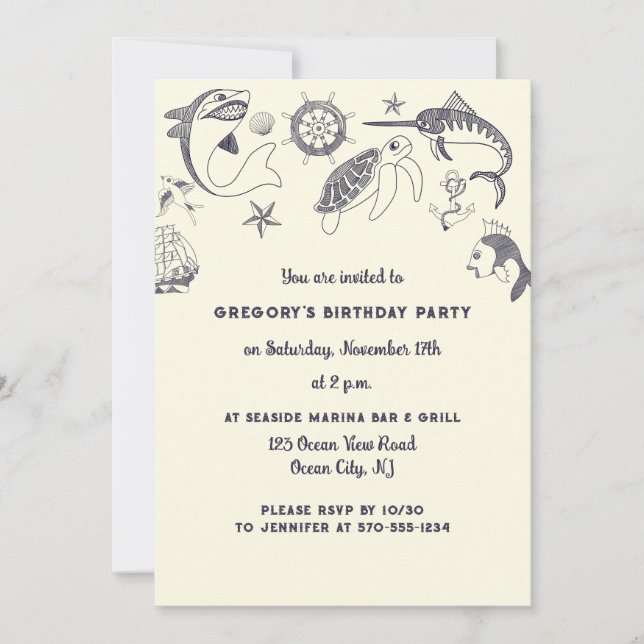 Invitación Pescado y tatuajes náuticos Fiesta temática oceáni (Anverso)