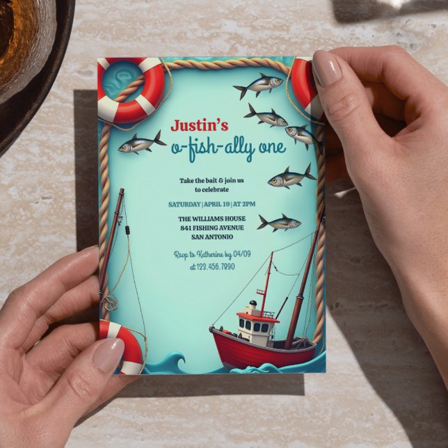 Invitación Pescador aliado de O-Fish un niño primer Fiesta de (O-Fish-ally One First Birthday Party Invitation – Fishing Theme for Boys)