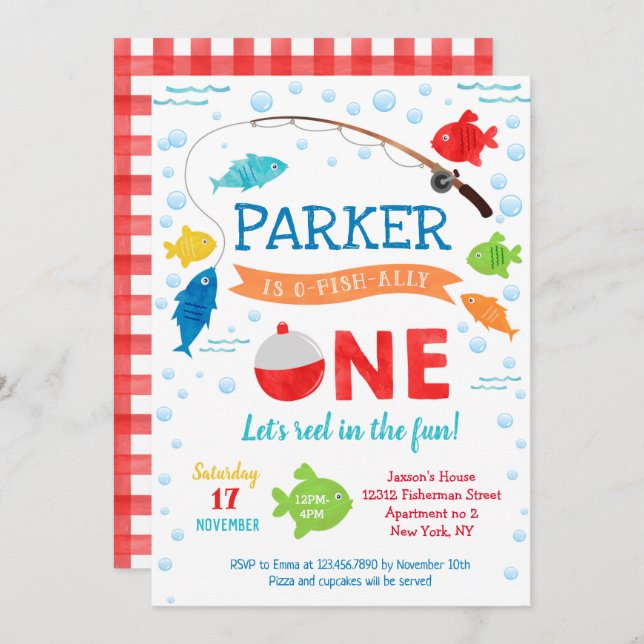 Invitación Pescador aliado de O-fish Un primer cumpleaños inv (Anverso / Reverso)