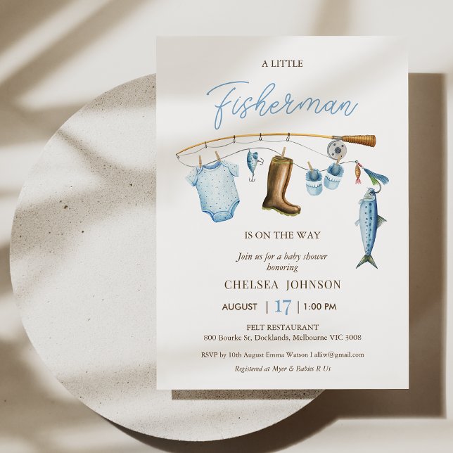 Invitación Pescador azul moderno de Baby Shower temática (Boys Fishing Themed Baby Shower Invitation, Fishing Baby Shower Invitation Template, Fishing Rod)
