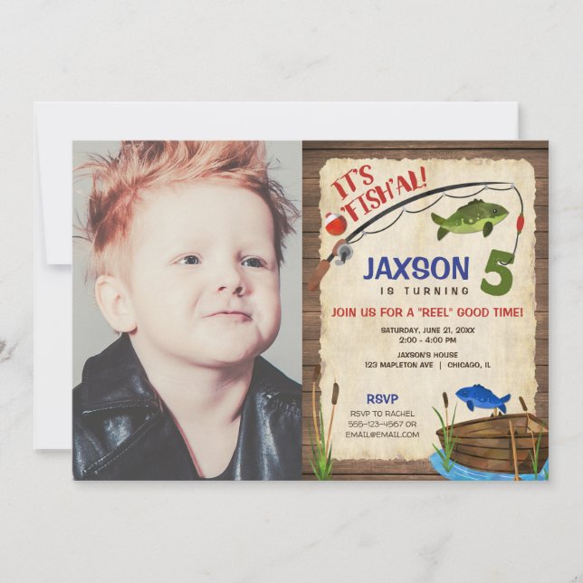 Invitación Pescador niño de 5 años foto rústica al aire libre (Anverso)