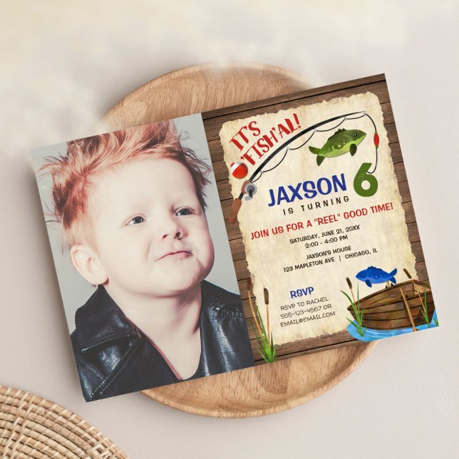 Invitación Pescador niño de 6 años foto rústica al aire libre (Subido por el creador)
