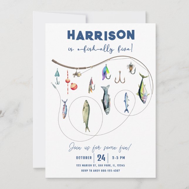 Invitación Pescador O-Fish-Ally Cinco Cumpleaños (Anverso)