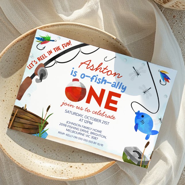 Invitación Pescador Rojo Azul Ofishally Un primer cumpleaños (Reel Fun Ofishally 1st Birthday Invitation, Fishing Themed First Birthday Party Invite, O-fish-ally)
