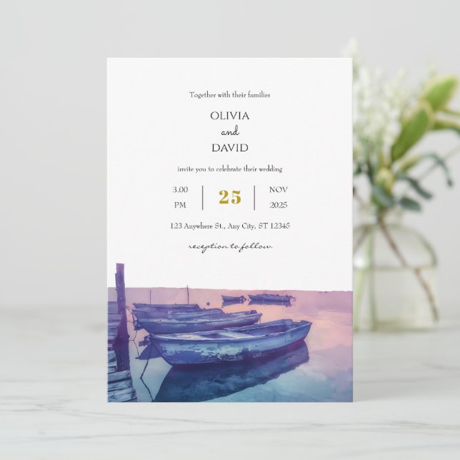 Invitación Pescadores Barcos Purple Twilight Sky Seaside Boda (Anverso de pie)