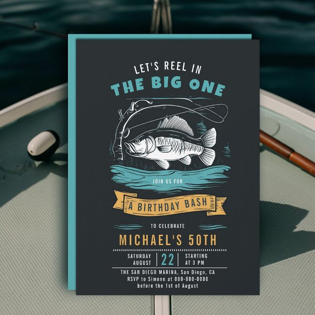 Invitación Pescadores Reel Azul Negro Hombres 50 cumpleaños (fishing 50th birthday invitation men big one fish reel rod elegant modern simple classy)