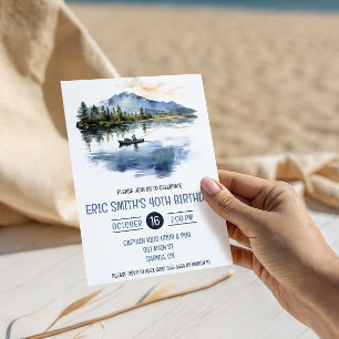 Invitación Pescando con Acuarela, Montañas, Fiesta de Cumplea