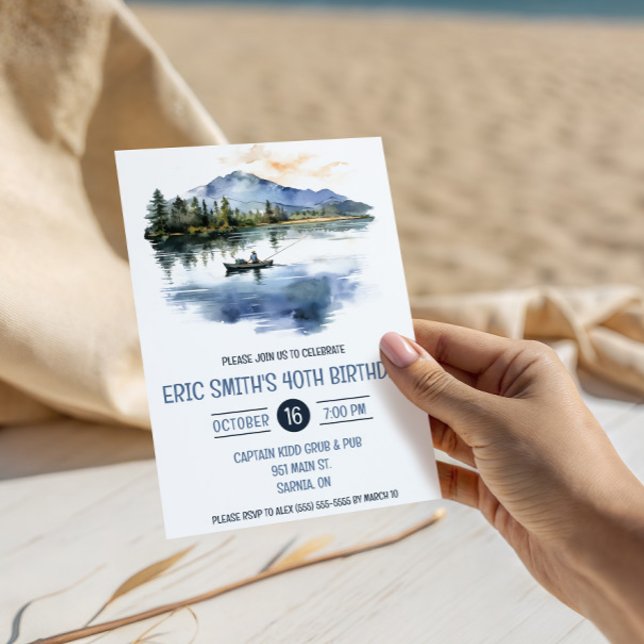 Invitación Pescando con Acuarela, Montañas, Fiesta de Cumplea (Subido por el creador)