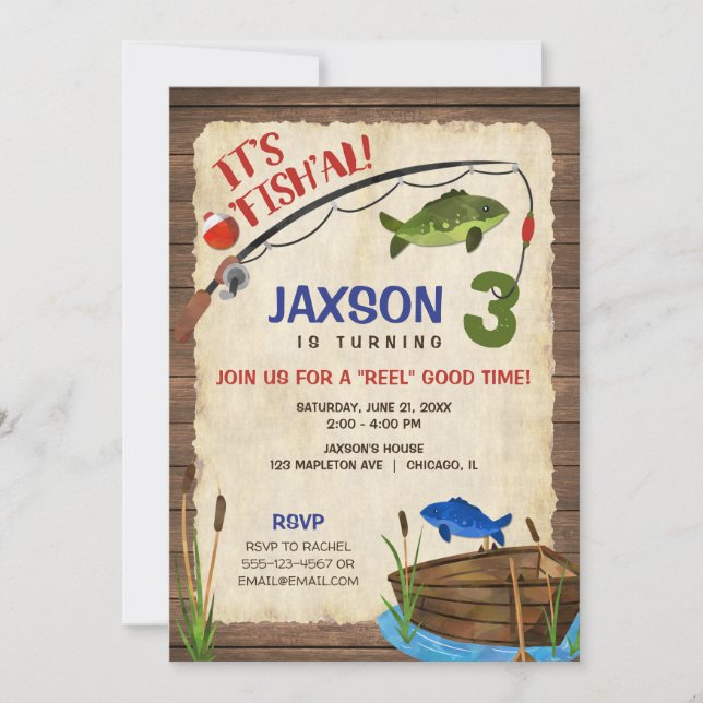 Invitación Pescando niño de 3 años rústico al aire libre (Anverso)