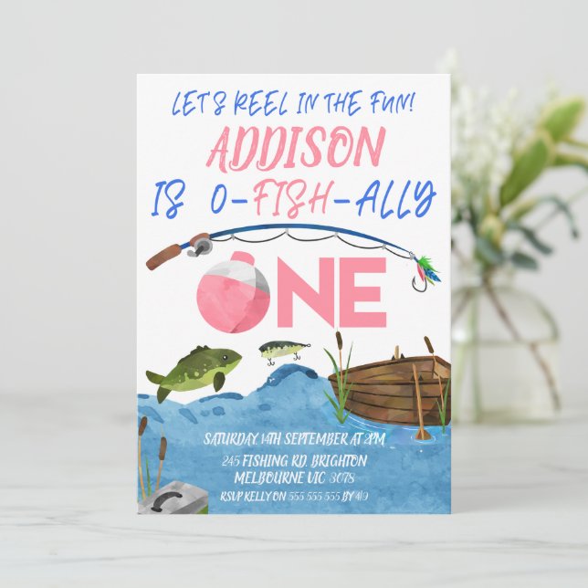 Invitación Pescando Reel Rosa En Divertido Ofishally Primer C (Anverso de pie)