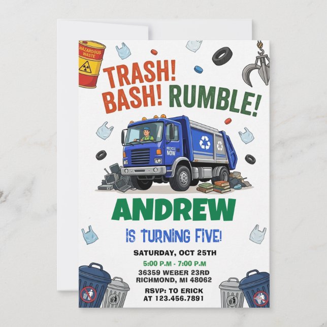 Invitación Pesonal Dump Everything Trash Truck Birthday party (Anverso)