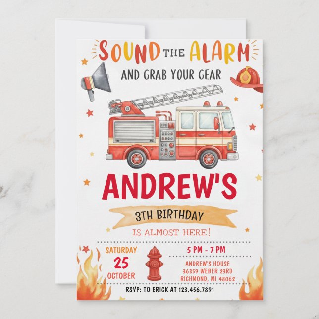 Invitación Pesonal Fire truck Birthday Party  (Anverso)