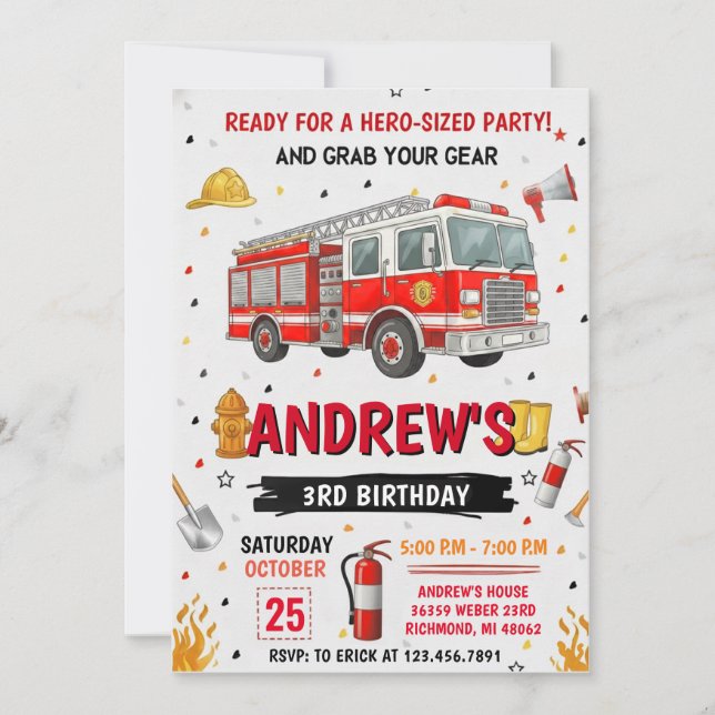 Invitación Pesonal FireFigher truck Birthday Party  (Anverso)