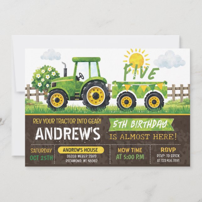 Invitación Pesonal Green Tractor Birthday (Anverso)