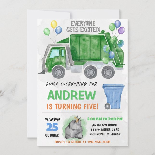 Invitación Pesonal Kids Dump Trucks Birthday Bash (Anverso)